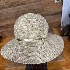 Scala women’s handwoven sun hat gold thread with a buckle trim